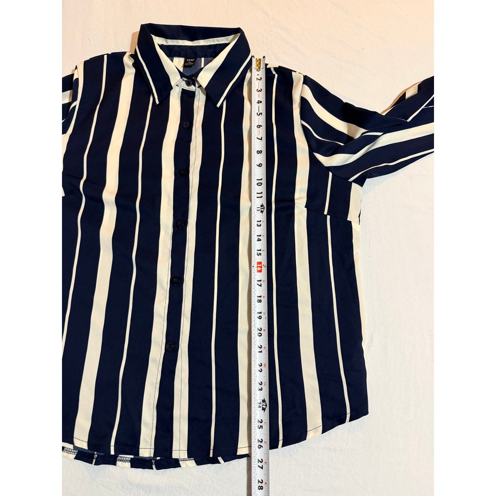 Emery‎ Rose Womens 1XL Navy Blue White Striped Button Down Long Sleeve Blouse - Picture 3 of 6